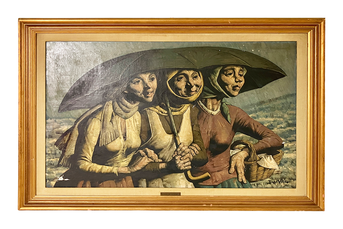 1 DIPINTO TECNICA MISTA SU TELA “DIA GUIS” FIRMATO JESUS VILLAR RAFFIGURANTE “TRE CONTADINE SOTTO UN OMBRELLO” CON CORNICE IN LEGNO DIM. 100x70 CM