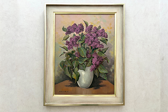 1 DIPINTO OLIO SU TELA RAFFIGURANTE “VASO CON FIORI VIOLA” DIM. 45x60 CM