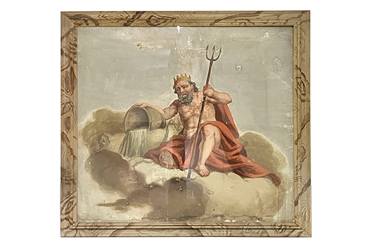 1 DIPINTO TECNICA MISTA SU TELA RAFFIGURANTE “NETTUNO” CON CORNICE IN LEGNO E VETRO DI PROTEZIONE, DIFETTI SULLA TELA, DIM. 100x100 CM