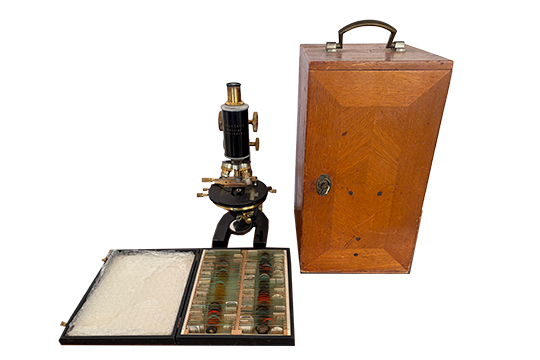 1 MICROSCOPIO LEITZ CON VETRINI E CUSTODIA IN LEGNO ORIGINALE DIM. 22x41x24 CM