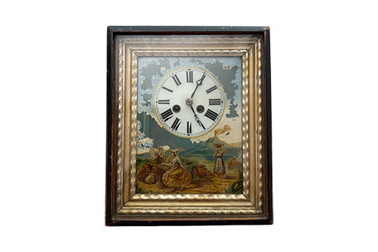 1 OROLOGIO-QUADRO DA PARETE, STRUTTURA IN LEGNO, MOVIMENTO A PENDOLO FINEMENTE DIPINTO DIM. 26x32x13 CM