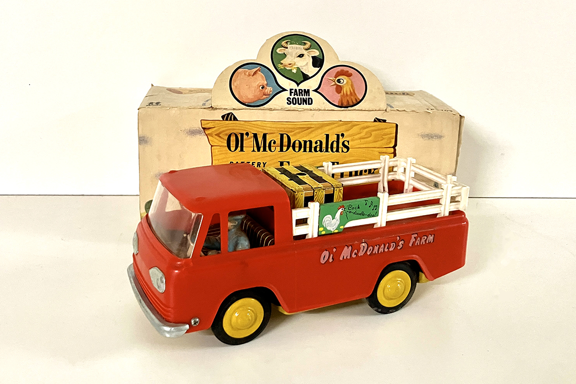 1 GIOCATTOLO IN LATTA E PLASTICA “OL' MC DONALD'S FARM” PICCOLI DIFETTI E PARTI MANCANTI, FUNZIONAMENTO A BATTERIA, CON SCATOLA ORIGINALE (N.C.F.) DIM. 23x10x9 CM