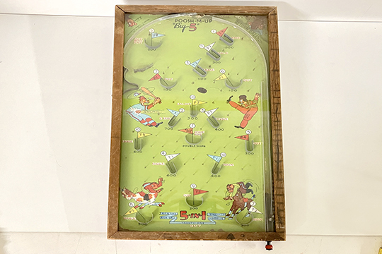 1 FLIPPER DA TAVOLO IN LEGNO E METALLO “POOSH-M-UP BIG 5 - 5 in 1 PUT-N-TAKE BASE-BALL PENNANTS BAGATELLE” DIM. 34x59x3 CM