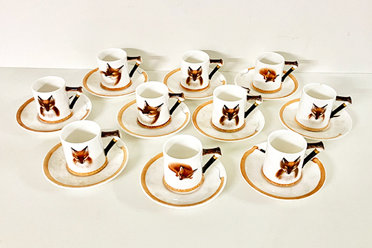 10 TAZZINE PER CAFFÈ CON PIATTINO, PORCELLANA ROYAL DOULTON, DECORO VOLPE