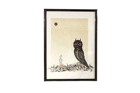 1 STAMPA RAFFIGURANTE “GUFO” CON CORNICE IN LEGNO E VETRO DI PROTEZIONE DIM. 50x70 CM