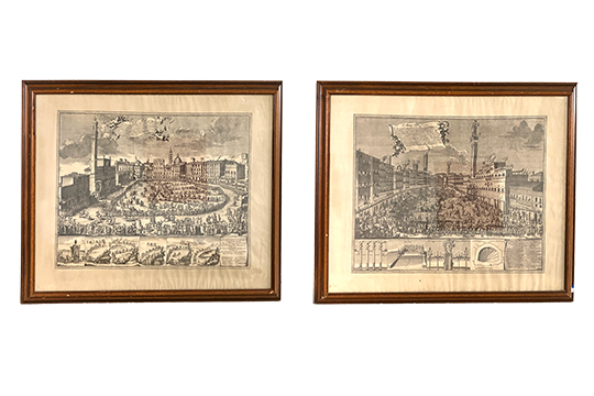2 ANTICHE STAMPE RAFFIGURANTI “PIAZZA DEL CAMPO DI SIENA” CON CORNICE IN LEGNO E VETRO DI PROTEZIONE DIM. 87x68 CM