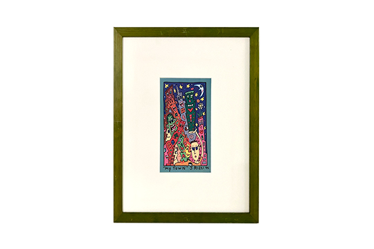 1 STAMPA FIRMATA J. RIZZI “MY TOWN” CON CORNICE IN LEGNO E VETRO DI PROTEZIONE DIM. 16x27 CM