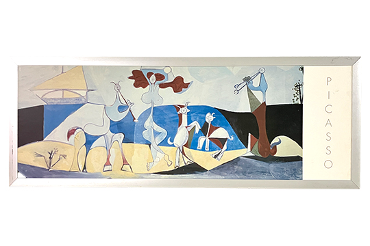 1 STAMPA SU LEGNO RAFFIGURANTE DIPINTO DI PICASSO “LA GIOIA DI VIVERE” CON CORNICE IN METALLO DIM. 115x40 CM