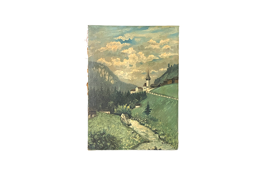 1 DIPINTO SU LEGNO FIRMATO W. KASPER RAFFIGURANTE “PAESE DI MONTAGNA” DIM. 43x60 CM