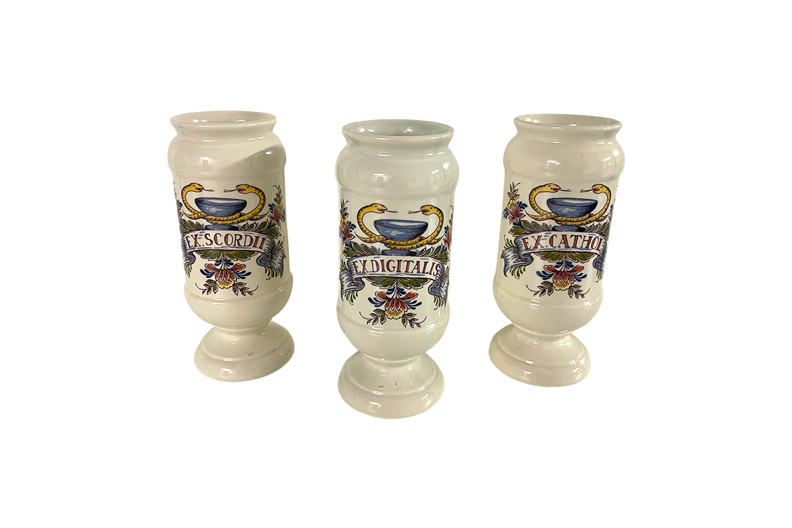 3 VASI DA FARMACIA “INTERPHARM UNICUM” (54-55-56) IN PORCELLANA DIPINTA DIM. 9x21 CM (PICCOLI DIFETTI)