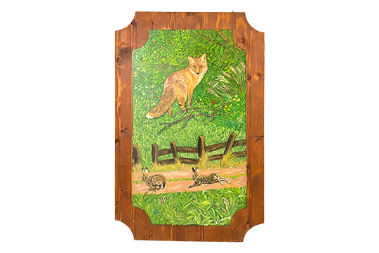 1 DIPINTO SU LEGNO FIRMATO E. LEHMANN RAFFIGURANTE “VOLPE E LEPRI” DIM. 42x65 CM
