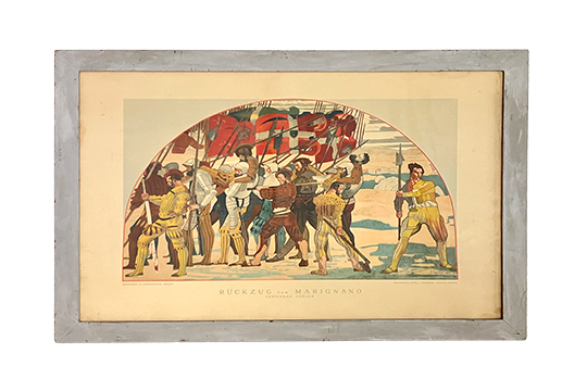 1 STAMPA RAFFIGURANTE DIPINTO DI FERDINAND HODLER “RÜCKZUG VON MARIGNANO” CON CORNICE IN LEGNO E VETRO DI PROTEZIONE DIM. 70x50 CM