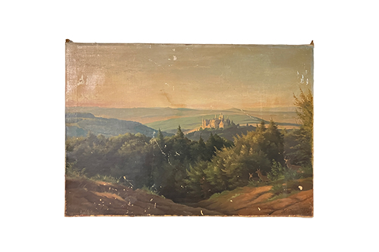 1 DIPINTO SU TELE, TECNICA MISTA, FIRMATO  RAFFIGURANTE “PAESAGGIO BOSCHIVO CON VEDUTA DI UN CASTELLO” PICCOLI DIFETTI DIM. 67x46 CM